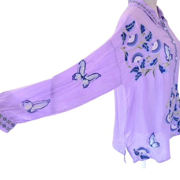 Johnny Was Slim Audrey Tunic Womens Boho M Lavender Embroidered Butterfly Top - Picture 9 of 16